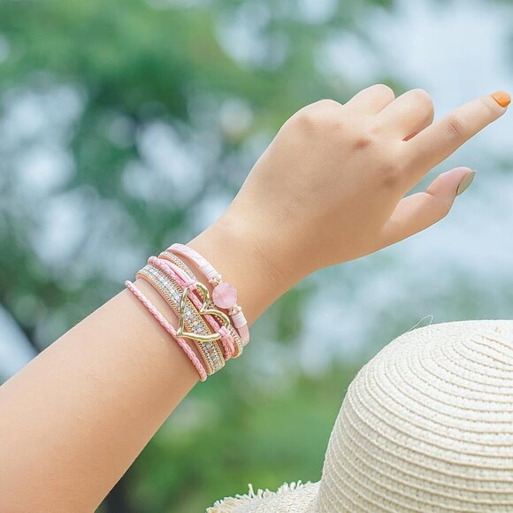 Heart Leather Wrap Bracelets Stackable Boho Cuff Bangles Trendy Resin Stone - Picture 2 of 9